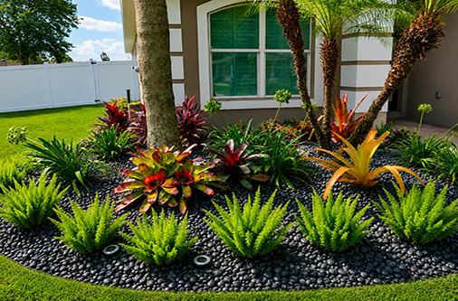 Tropical landscape with palms and colorful plants
